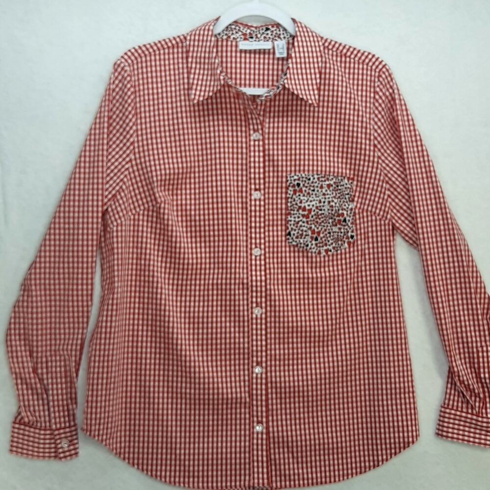 Susan‎ Graver Shirt Womens 8 Gingham Plaid Button-Down Red w/ Hearts